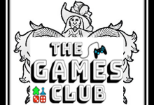 Image of The Games Club in white with black shadow, a game controller top right and game pieces bottom left 